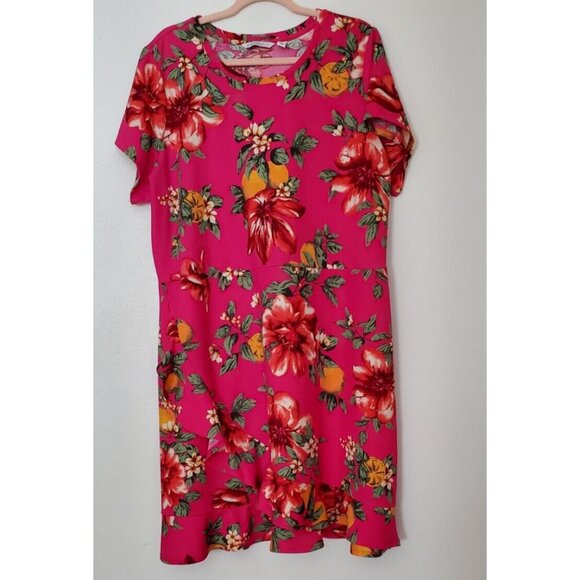 Isaac Mizrahi 2x Pink Floral Dress Short Sleeve Ruffle Accents Pullover - Picture 4 of 8